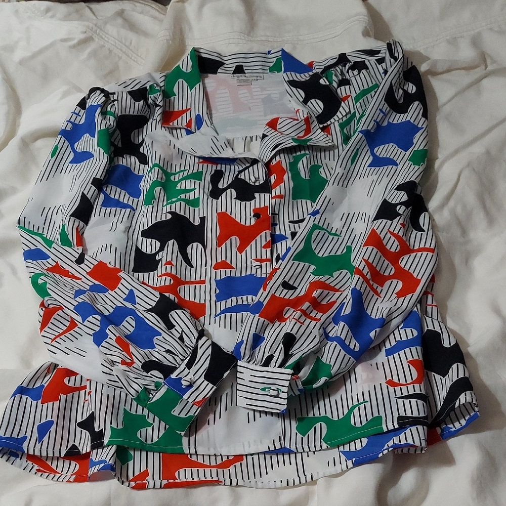 Lloyd Williams Geometric Puzzle Colorful Abstract Print Blouse Sz 14